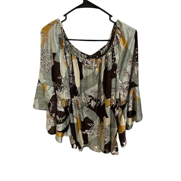 Emery Rose 5XL Blouse Brown/Green/Yellow Floral Design Flare 3/4 Sleeves - Picture 2 of 7